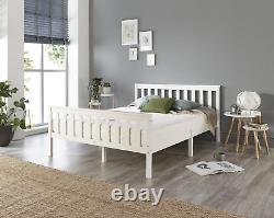 White Solid Wooden Bed Frame Single 4ft6 Double King Size Bed With Mattress Pine